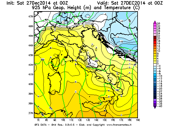 Mappa di analisi GFS - Geopotenziale [m] e Temperatura [°C] a 925 hPa in Italia
							del 27/12/2014 00 <!--googleoff: index-->UTC<!--googleon: index-->