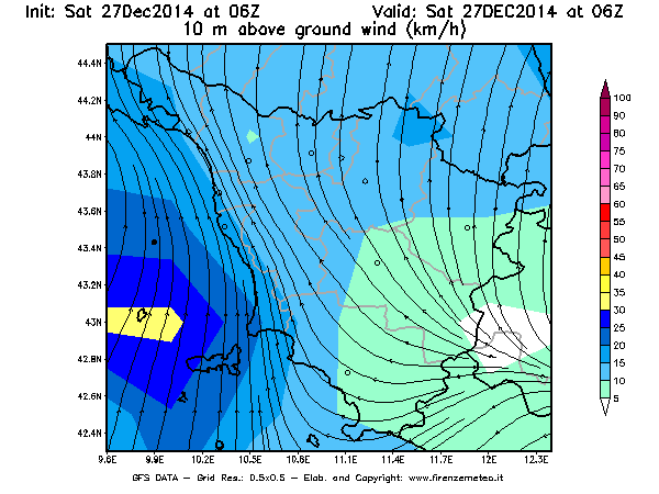 Mappa di analisi GFS - Velocità del vento a 10 metri dal suolo [km/h] in Toscana
							del 27/12/2014 06 <!--googleoff: index-->UTC<!--googleon: index-->