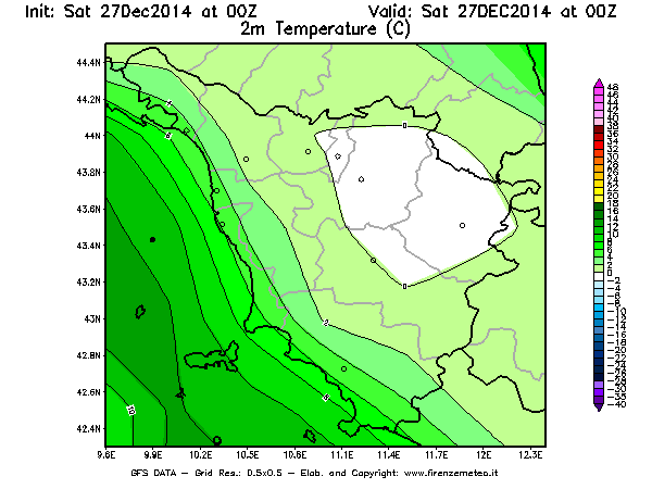 Mappa di analisi GFS - Temperatura a 2 metri dal suolo [°C] in Toscana
							del 27/12/2014 00 <!--googleoff: index-->UTC<!--googleon: index-->