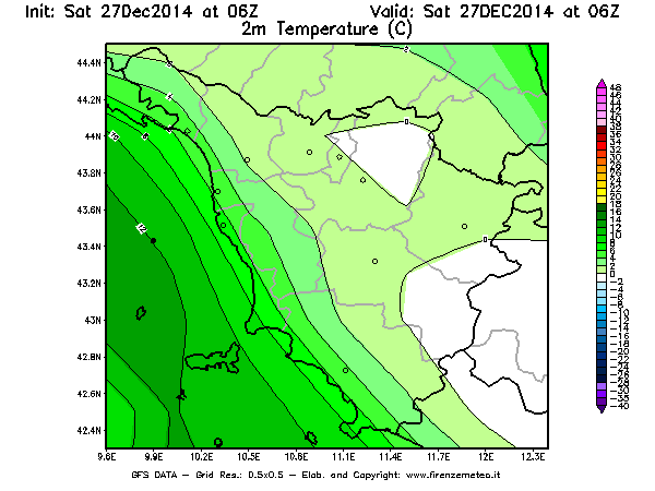 Mappa di analisi GFS - Temperatura a 2 metri dal suolo [°C] in Toscana
									del 27/12/2014 06 <!--googleoff: index-->UTC<!--googleon: index-->