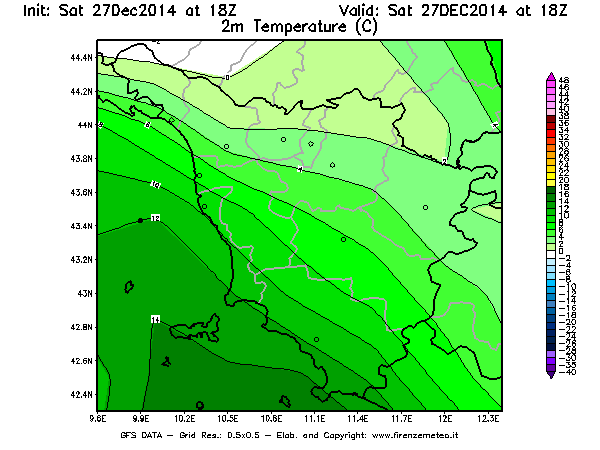 Mappa di analisi GFS - Temperatura a 2 metri dal suolo [°C] in Toscana
							del 27/12/2014 18 <!--googleoff: index-->UTC<!--googleon: index-->