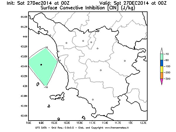 Mappa di analisi GFS - CIN [J/kg] in Toscana
									del 27/12/2014 00 <!--googleoff: index-->UTC<!--googleon: index-->