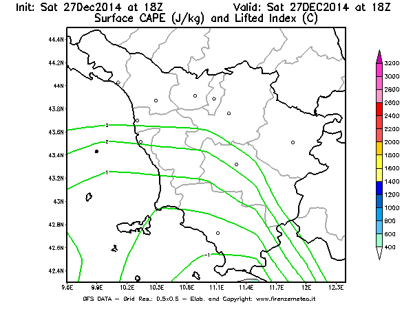 Mappa di analisi GFS - CAPE [J/kg] e Lifted Index [°C] in Toscana
									del 27/12/2014 18 <!--googleoff: index-->UTC<!--googleon: index-->