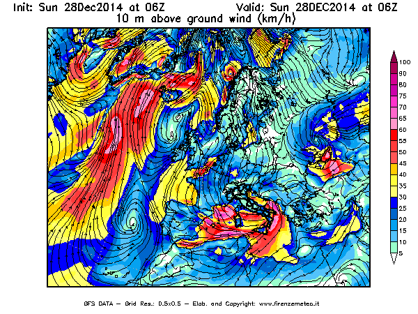 Mappa di analisi GFS - Velocità del vento a 10 metri dal suolo [km/h] in Europa
									del 28/12/2014 06 <!--googleoff: index-->UTC<!--googleon: index-->