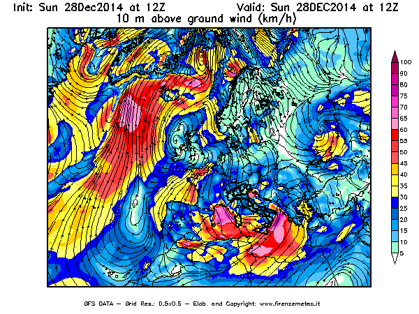 Mappa di analisi GFS - Velocità del vento a 10 metri dal suolo [km/h] in Europa
									del 28/12/2014 12 <!--googleoff: index-->UTC<!--googleon: index-->
