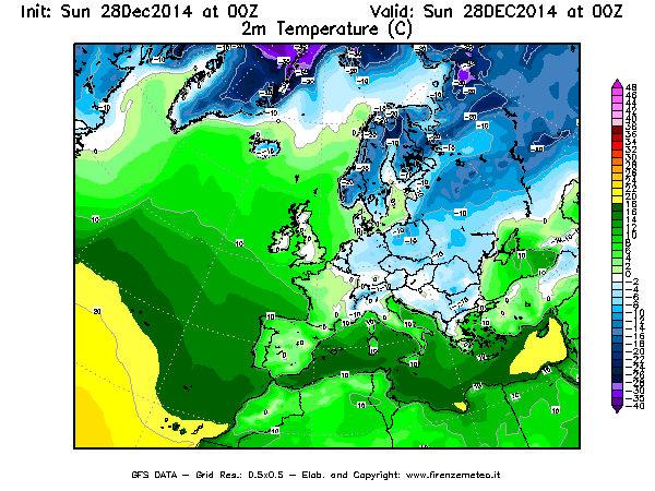 Mappa di analisi GFS - Temperatura a 2 metri dal suolo [°C] in Europa
									del 28/12/2014 00 <!--googleoff: index-->UTC<!--googleon: index-->