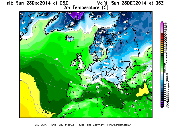 Mappa di analisi GFS - Temperatura a 2 metri dal suolo [°C] in Europa
									del 28/12/2014 06 <!--googleoff: index-->UTC<!--googleon: index-->