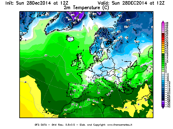 Mappa di analisi GFS - Temperatura a 2 metri dal suolo [°C] in Europa
									del 28/12/2014 12 <!--googleoff: index-->UTC<!--googleon: index-->