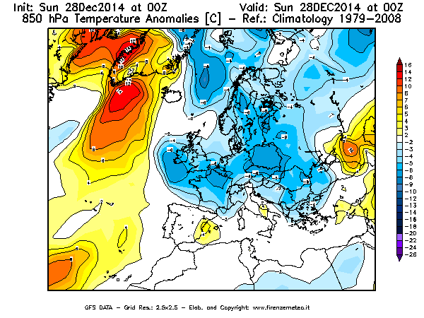 Mappa di analisi GFS - Anomalia Temperatura [°C] a 850 hPa in Europa
									del 28/12/2014 00 <!--googleoff: index-->UTC<!--googleon: index-->