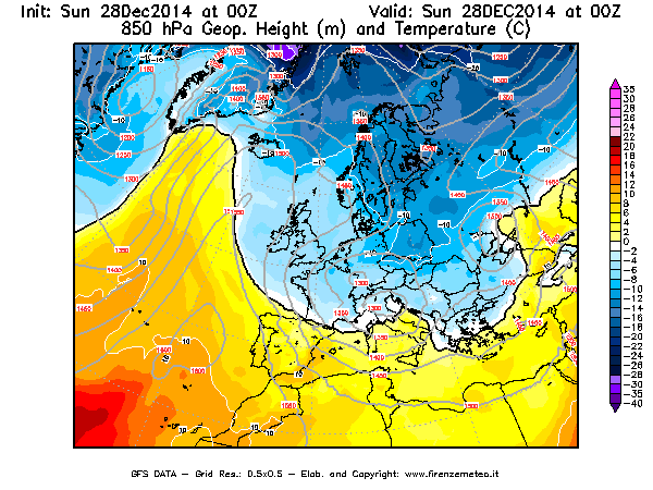 Mappa di analisi GFS - Geopotenziale [m] e Temperatura [°C] a 850 hPa in Europa
									del 28/12/2014 00 <!--googleoff: index-->UTC<!--googleon: index-->