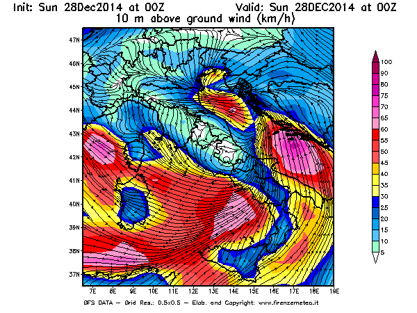 Mappa di analisi GFS - Velocità del vento a 10 metri dal suolo [km/h] in Italia
									del 28/12/2014 00 <!--googleoff: index-->UTC<!--googleon: index-->
