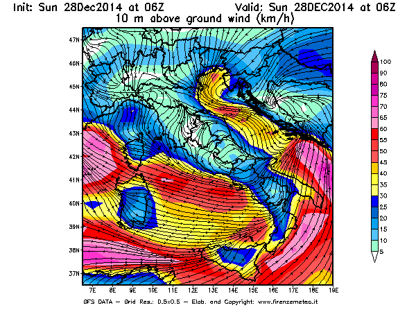 Mappa di analisi GFS - Velocità del vento a 10 metri dal suolo [km/h] in Italia
									del 28/12/2014 06 <!--googleoff: index-->UTC<!--googleon: index-->