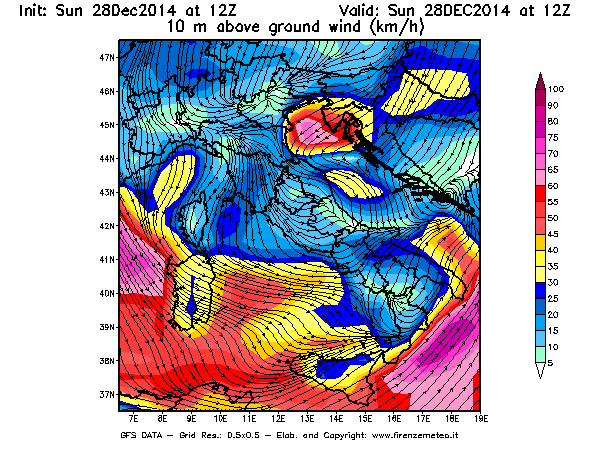 Mappa di analisi GFS - Velocità del vento a 10 metri dal suolo [km/h] in Italia
									del 28/12/2014 12 <!--googleoff: index-->UTC<!--googleon: index-->