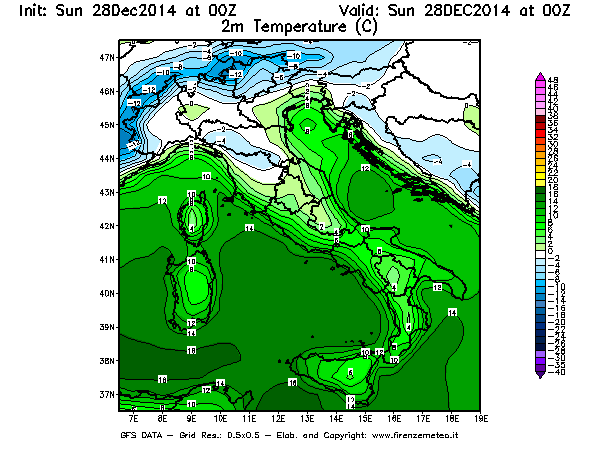 Mappa di analisi GFS - Temperatura a 2 metri dal suolo [°C] in Italia
									del 28/12/2014 00 <!--googleoff: index-->UTC<!--googleon: index-->