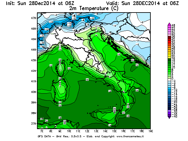 Mappa di analisi GFS - Temperatura a 2 metri dal suolo [°C] in Italia
									del 28/12/2014 06 <!--googleoff: index-->UTC<!--googleon: index-->