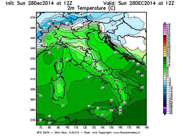 Mappa di analisi GFS - Temperatura a 2 metri dal suolo [°C] in Italia
									del 28/12/2014 12 <!--googleoff: index-->UTC<!--googleon: index-->