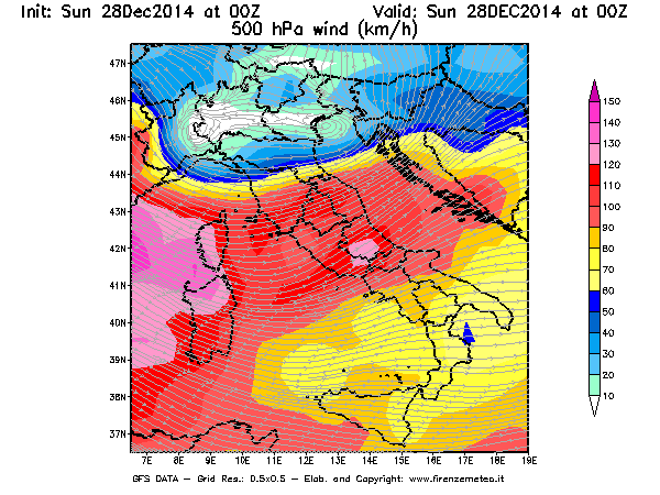 Mappa di analisi GFS - Velocità del vento a 500 hPa [km/h] in Italia
									del 28/12/2014 00 <!--googleoff: index-->UTC<!--googleon: index-->
