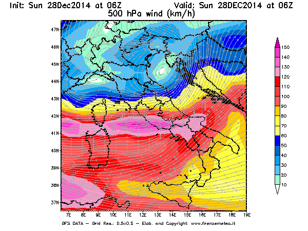 Mappa di analisi GFS - Velocità del vento a 500 hPa [km/h] in Italia
									del 28/12/2014 06 <!--googleoff: index-->UTC<!--googleon: index-->