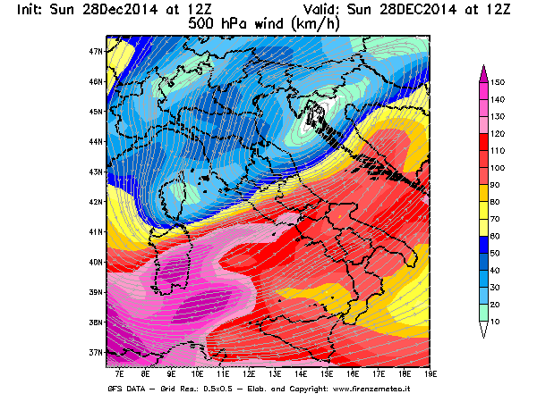 Mappa di analisi GFS - Velocità del vento a 500 hPa [km/h] in Italia
									del 28/12/2014 12 <!--googleoff: index-->UTC<!--googleon: index-->