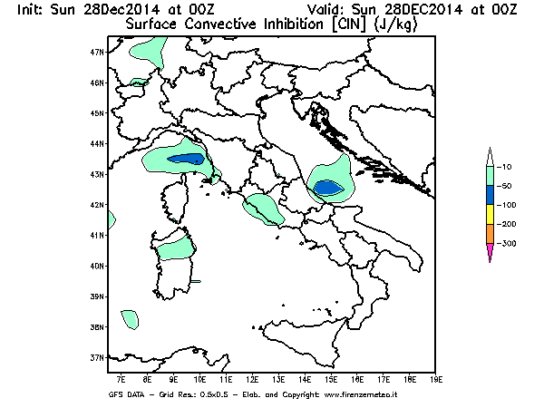 Mappa di analisi GFS - CIN [J/kg] in Italia
									del 28/12/2014 00 <!--googleoff: index-->UTC<!--googleon: index-->