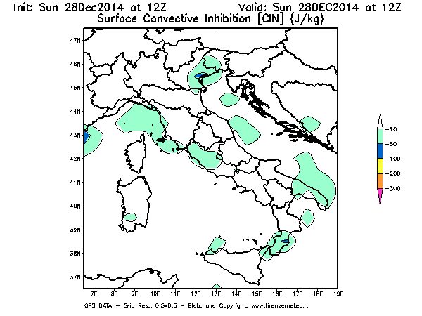 Mappa di analisi GFS - CIN [J/kg] in Italia
									del 28/12/2014 12 <!--googleoff: index-->UTC<!--googleon: index-->