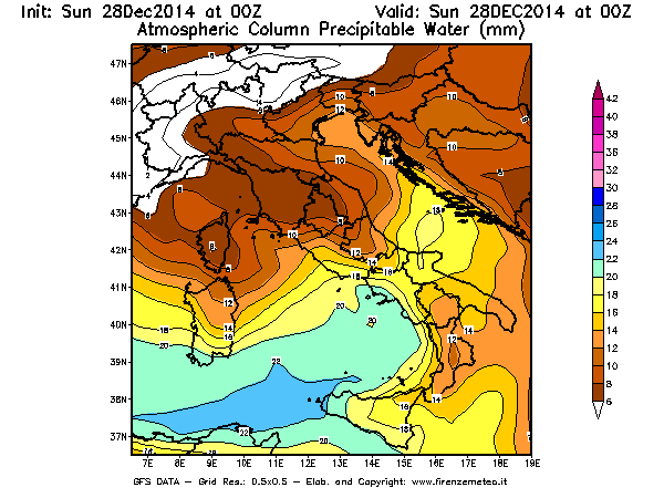 Mappa di analisi GFS - Precipitable Water [mm] in Italia
									del 28/12/2014 00 <!--googleoff: index-->UTC<!--googleon: index-->