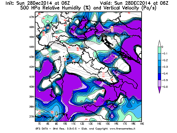 Mappa di analisi GFS - Umidità relativa [%] e Omega [Pa/s] a 500 hPa in Italia
									del 28/12/2014 06 <!--googleoff: index-->UTC<!--googleon: index-->