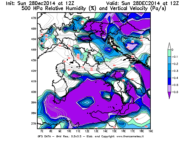 Mappa di analisi GFS - Umidità relativa [%] e Omega [Pa/s] a 500 hPa in Italia
									del 28/12/2014 12 <!--googleoff: index-->UTC<!--googleon: index-->