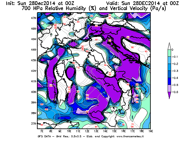 Mappa di analisi GFS - Umidità relativa [%] e Omega [Pa/s] a 700 hPa in Italia
									del 28/12/2014 00 <!--googleoff: index-->UTC<!--googleon: index-->