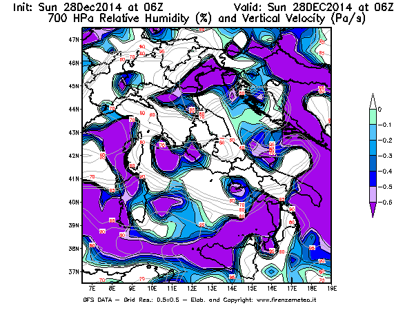 Mappa di analisi GFS - Umidità relativa [%] e Omega [Pa/s] a 700 hPa in Italia
									del 28/12/2014 06 <!--googleoff: index-->UTC<!--googleon: index-->