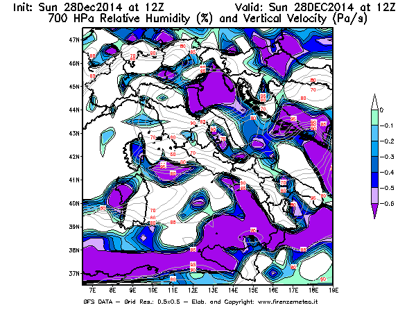 Mappa di analisi GFS - Umidità relativa [%] e Omega [Pa/s] a 700 hPa in Italia
									del 28/12/2014 12 <!--googleoff: index-->UTC<!--googleon: index-->