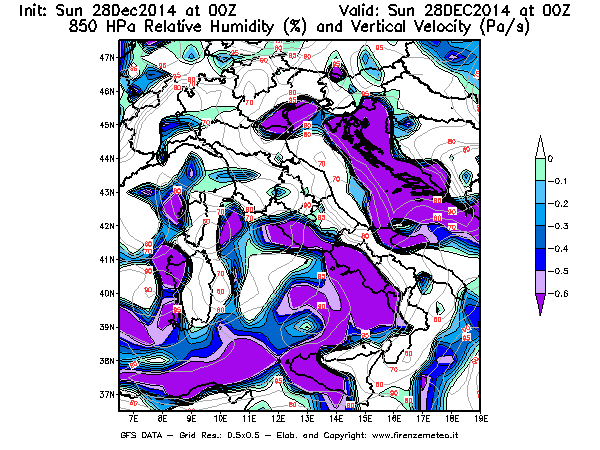 Mappa di analisi GFS - Umidità relativa [%] e Omega [Pa/s] a 850 hPa in Italia
									del 28/12/2014 00 <!--googleoff: index-->UTC<!--googleon: index-->