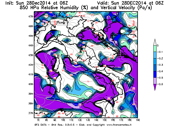 Mappa di analisi GFS - Umidità relativa [%] e Omega [Pa/s] a 850 hPa in Italia
									del 28/12/2014 06 <!--googleoff: index-->UTC<!--googleon: index-->