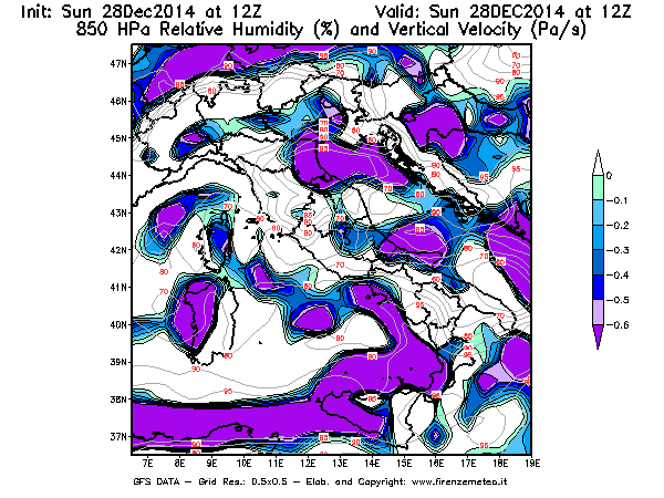 Mappa di analisi GFS - Umidità relativa [%] e Omega [Pa/s] a 850 hPa in Italia
									del 28/12/2014 12 <!--googleoff: index-->UTC<!--googleon: index-->