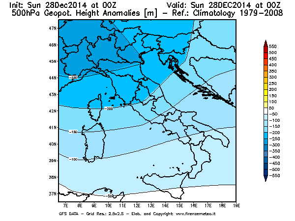 Mappa di analisi GFS - Anomalia di Geopotenziale a 500 hPa in Italia
									del 28/12/2014 00 <!--googleoff: index-->UTC<!--googleon: index-->