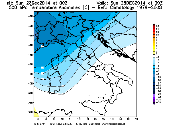 Mappa di analisi GFS - Anomalia Temperatura [°C] a 500 hPa in Italia
									del 28/12/2014 00 <!--googleoff: index-->UTC<!--googleon: index-->
