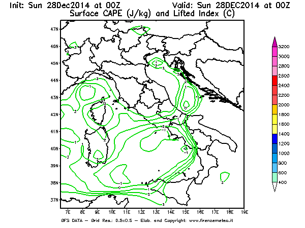 Mappa di analisi GFS - CAPE [J/kg] e Lifted Index [°C] in Italia
									del 28/12/2014 00 <!--googleoff: index-->UTC<!--googleon: index-->