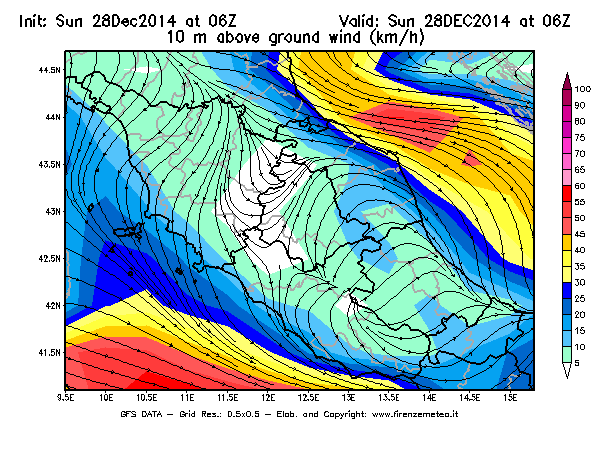 Mappa di analisi GFS - Velocità del vento a 10 metri dal suolo [km/h] in Centro-Italia
									del 28/12/2014 06 <!--googleoff: index-->UTC<!--googleon: index-->