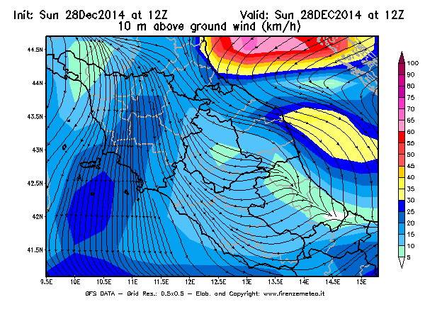 Mappa di analisi GFS - Velocità del vento a 10 metri dal suolo [km/h] in Centro-Italia
									del 28/12/2014 12 <!--googleoff: index-->UTC<!--googleon: index-->