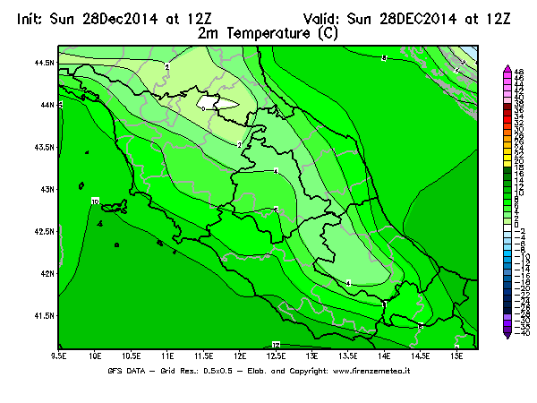 Mappa di analisi GFS - Temperatura a 2 metri dal suolo [°C] in Centro-Italia
									del 28/12/2014 12 <!--googleoff: index-->UTC<!--googleon: index-->