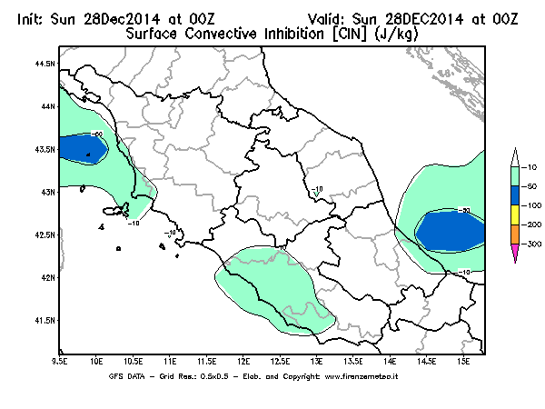 Mappa di analisi GFS - CIN [J/kg] in Centro-Italia
									del 28/12/2014 00 <!--googleoff: index-->UTC<!--googleon: index-->