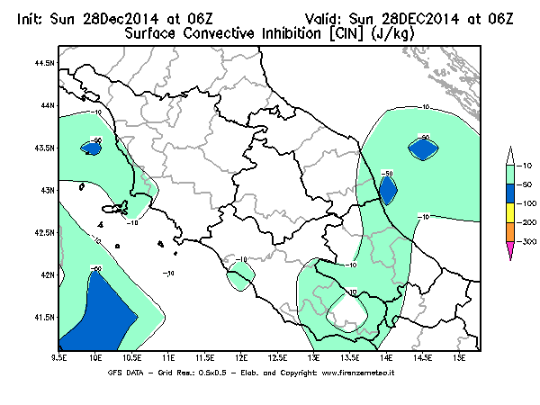Mappa di analisi GFS - CIN [J/kg] in Centro-Italia
									del 28/12/2014 06 <!--googleoff: index-->UTC<!--googleon: index-->