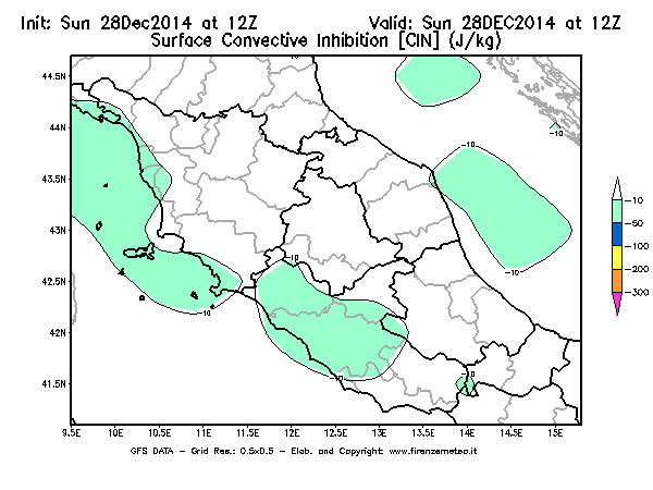 Mappa di analisi GFS - CIN [J/kg] in Centro-Italia
									del 28/12/2014 12 <!--googleoff: index-->UTC<!--googleon: index-->