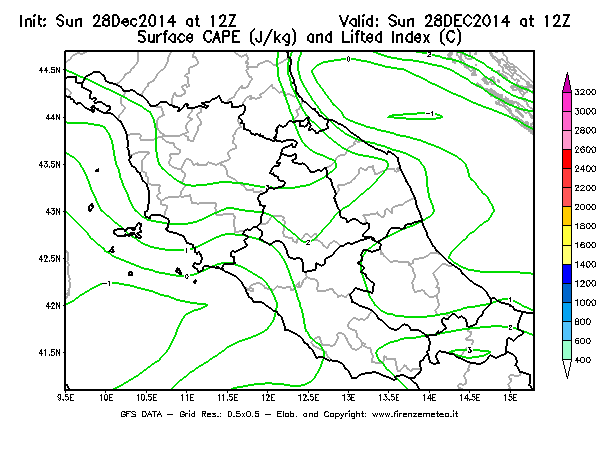 Mappa di analisi GFS - CAPE [J/kg] e Lifted Index [°C] in Centro-Italia
									del 28/12/2014 12 <!--googleoff: index-->UTC<!--googleon: index-->