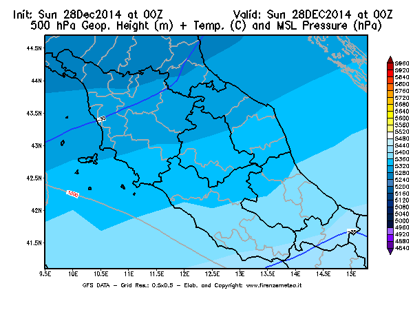 Mappa di analisi GFS - Geopotenziale [m] + Temp. [°C] a 500 hPa + Press. a livello del mare [hPa] in Centro-Italia
									del 28/12/2014 00 <!--googleoff: index-->UTC<!--googleon: index-->