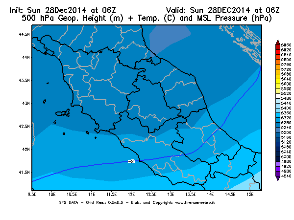 Mappa di analisi GFS - Geopotenziale [m] + Temp. [°C] a 500 hPa + Press. a livello del mare [hPa] in Centro-Italia
									del 28/12/2014 06 <!--googleoff: index-->UTC<!--googleon: index-->