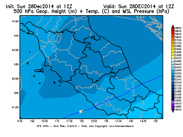 Mappa di analisi GFS - Geopotenziale [m] + Temp. [°C] a 500 hPa + Press. a livello del mare [hPa] in Centro-Italia
									del 28/12/2014 12 <!--googleoff: index-->UTC<!--googleon: index-->