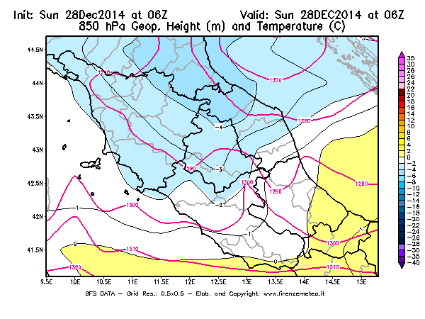Mappa di analisi GFS - Geopotenziale [m] e Temperatura [°C] a 850 hPa in Centro-Italia
									del 28/12/2014 06 <!--googleoff: index-->UTC<!--googleon: index-->