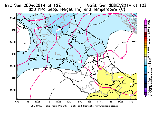 Mappa di analisi GFS - Geopotenziale [m] e Temperatura [°C] a 850 hPa in Centro-Italia
									del 28/12/2014 12 <!--googleoff: index-->UTC<!--googleon: index-->