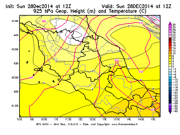 Mappa di analisi GFS - Geopotenziale [m] e Temperatura [°C] a 925 hPa in Centro-Italia
									del 28/12/2014 12 <!--googleoff: index-->UTC<!--googleon: index-->